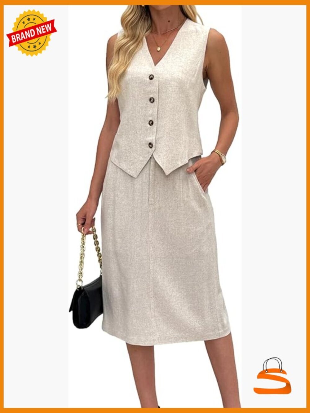 Linen Two Piece Skirt Suit Set Vest Crop Top Button Down Midi Skirt Office